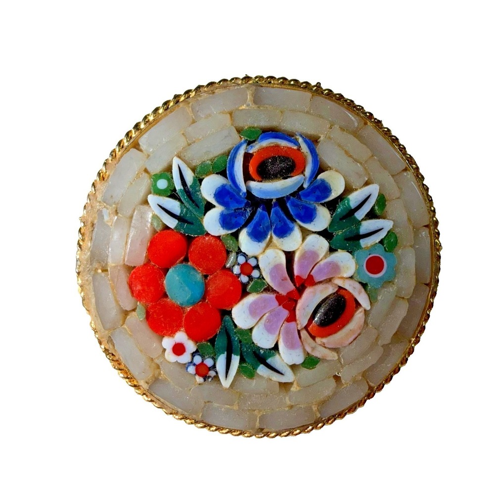 Vintage Micro Mosaic Glass Gray Multicolor Flowers Gold Tone Brooch Pin Italy